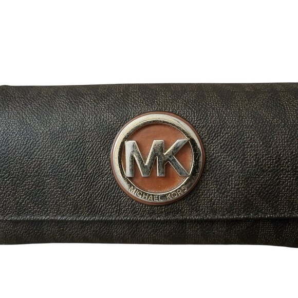 MICHAEL KORS Fulton Brown/Gold Snap Flap Carryall Wallet - Picture 3 of 11